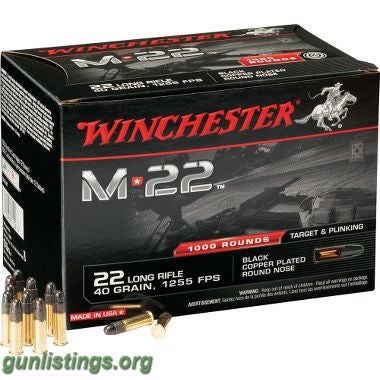 Ammo 1,000 Rounds Winchester M22 .22LR 40 Grain
