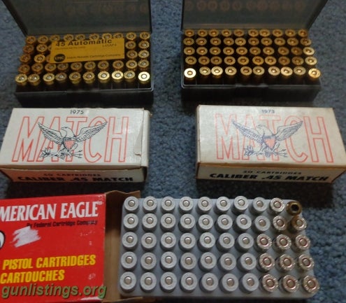 Ammo 45 Acp FS: '73, '75 Olin Match, UMC, Fed.-250rnds Boxd
