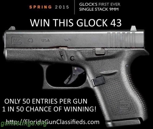 Pistols Win A GLOCK 43 - Only 50 Entries Per Giveaway! 1:50 Odd