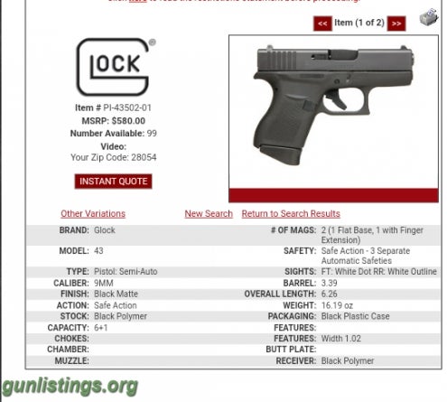 Pistols New Glock 43 9mm
