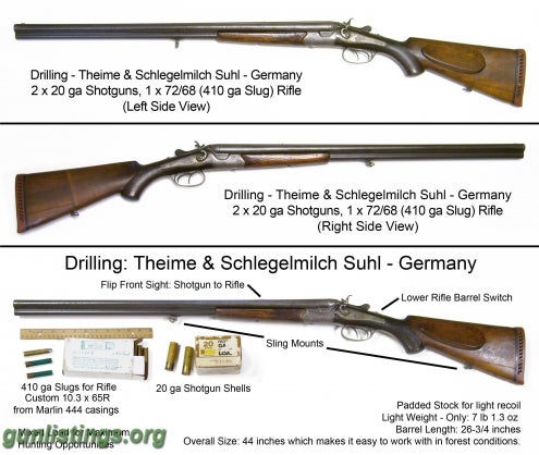 Shotguns NIMROD German Drilling SXS 20 Over Rifled 410 Ga