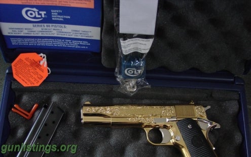 Pistols Colt Government 1911,38 Super,24K Gold Plated With Nick