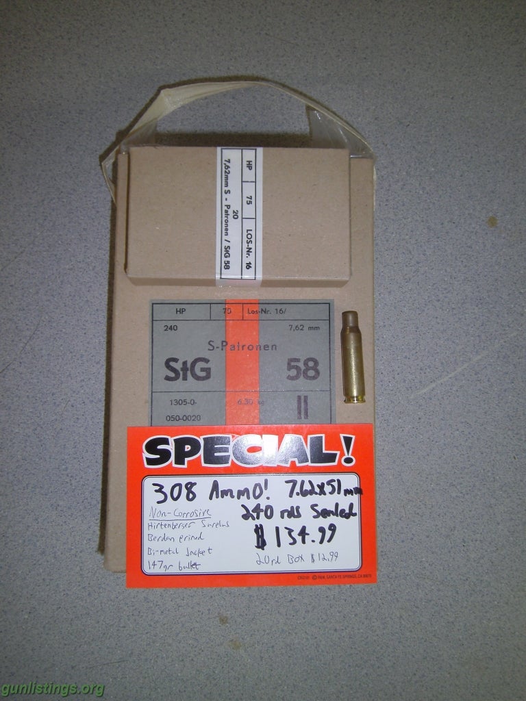 Ammo Hirteberger Surplus .308, Sealed 240rd Packages