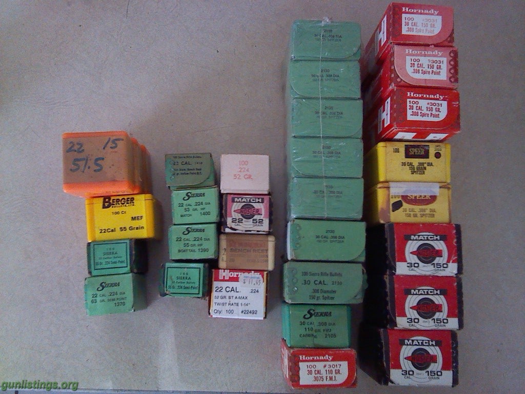 Ammo RIFLE BULLETS,.224 & .308 Dia. Various Brands