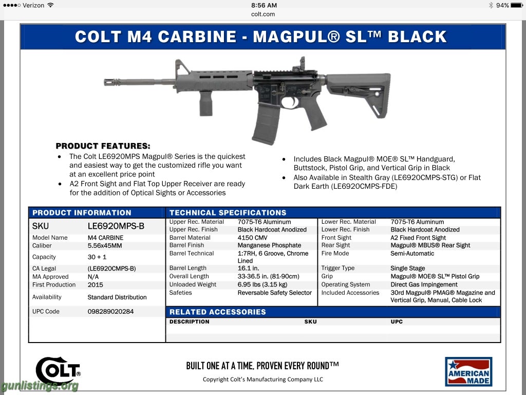 Rifles NIB COLT M4 6920