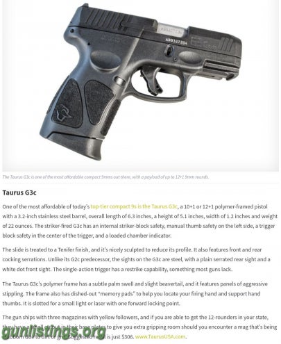 Pistols Taurus G3C 9mm 12rd 3 Magazines + Red Dot Sight Adapter