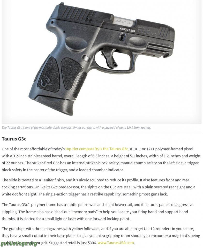 Pistols Taurus G3C 9mm 12rd 3 Magazines + Red Dot Sight Adapter