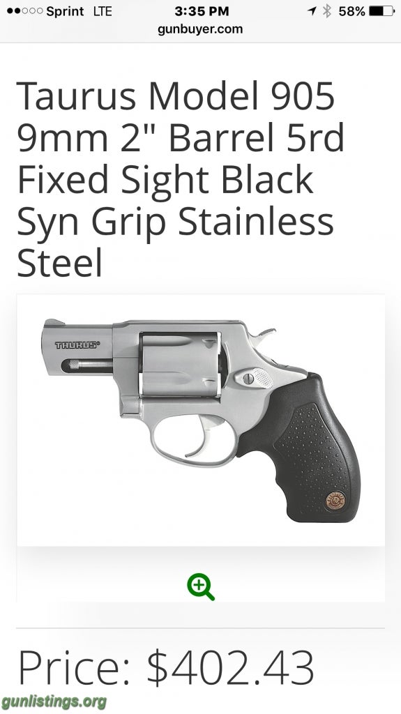 Gunlistings pistols taurus 905 9mm stainless revolver